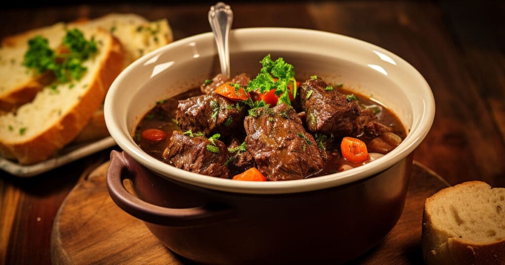 A bowl of slow cooked beef stew and vegetables