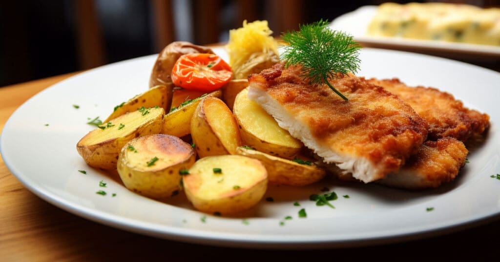 Chicken schnitzel served with potato wedges